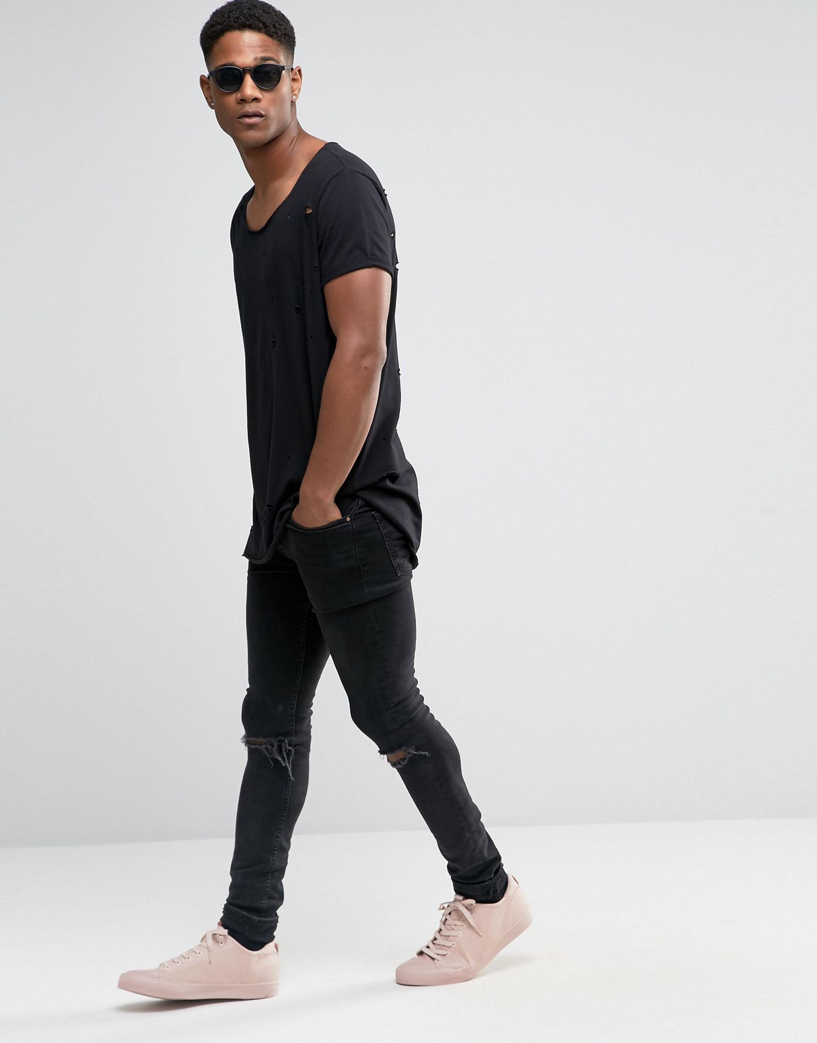ASOS Super Longline T-Shirt With Heavy Distressing And Scoop Neck In Black