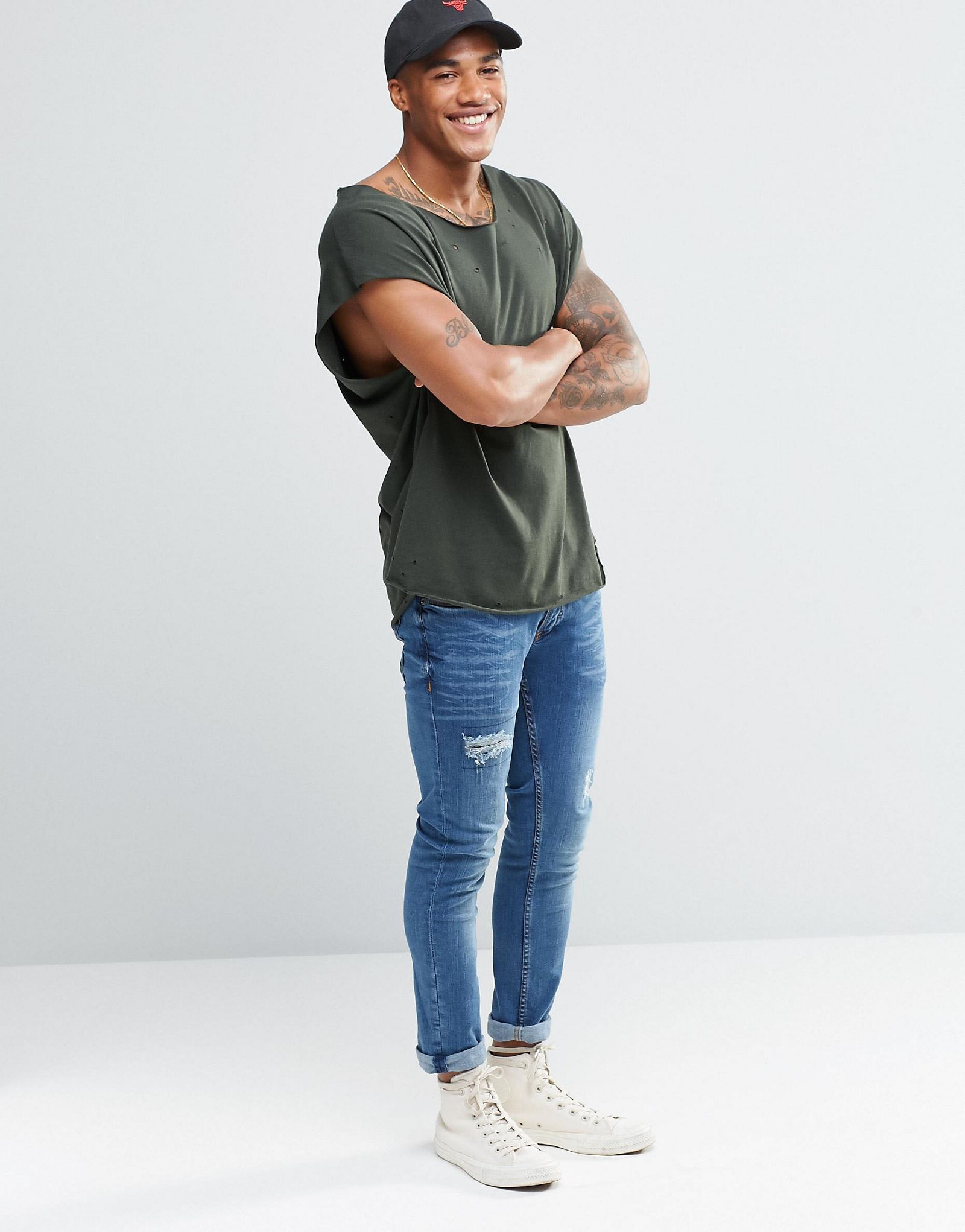 ASOS Super Oversized Sleeveless T-Shirt With Scoop Neck And Distressing