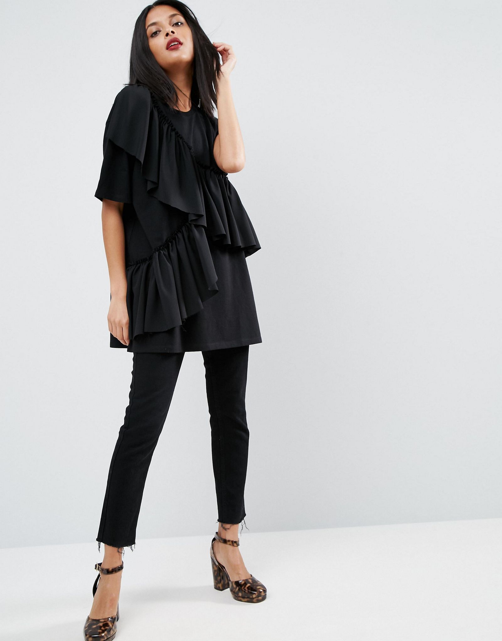 ASOS T-Shirt With One Sleeve And Woven Ruffle Detail