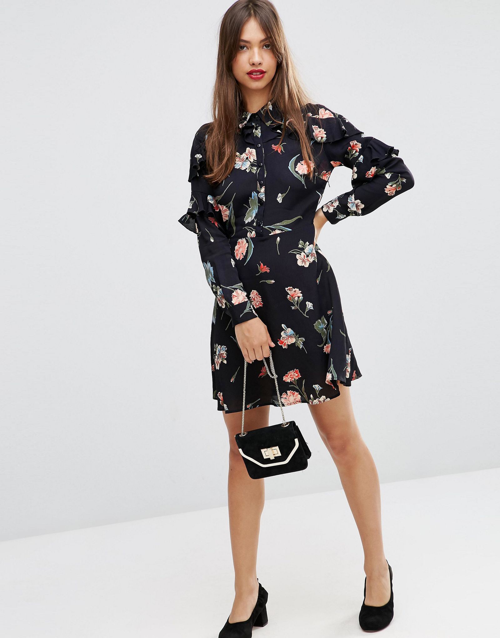 ASOS Tea Dress With Ruffle Sleeve in Vintage Floral