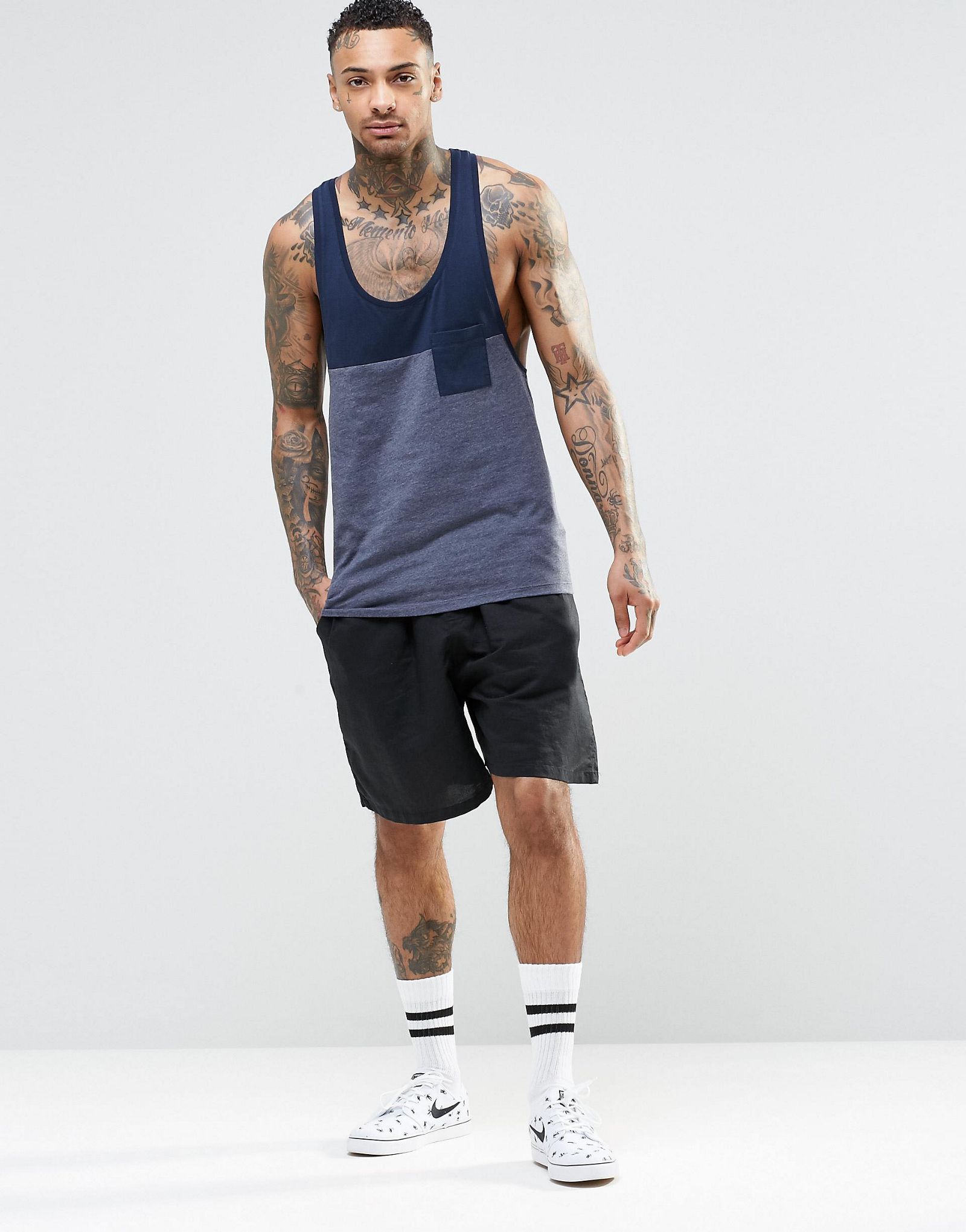 ASOS Vest With Contast Yoke And Pocket In Extreme Racer Back In Navy