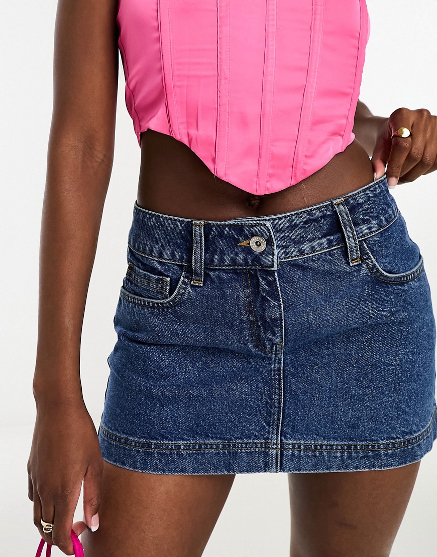 ASOS Weekend Collective low rise denim mini skirt in mid wash-Blue
