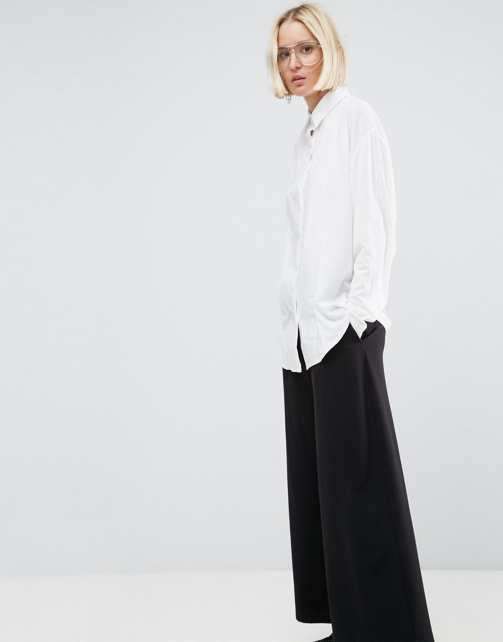 ASOS WHITE Oversized Jersey Shirt With Poplin Contrast Panel