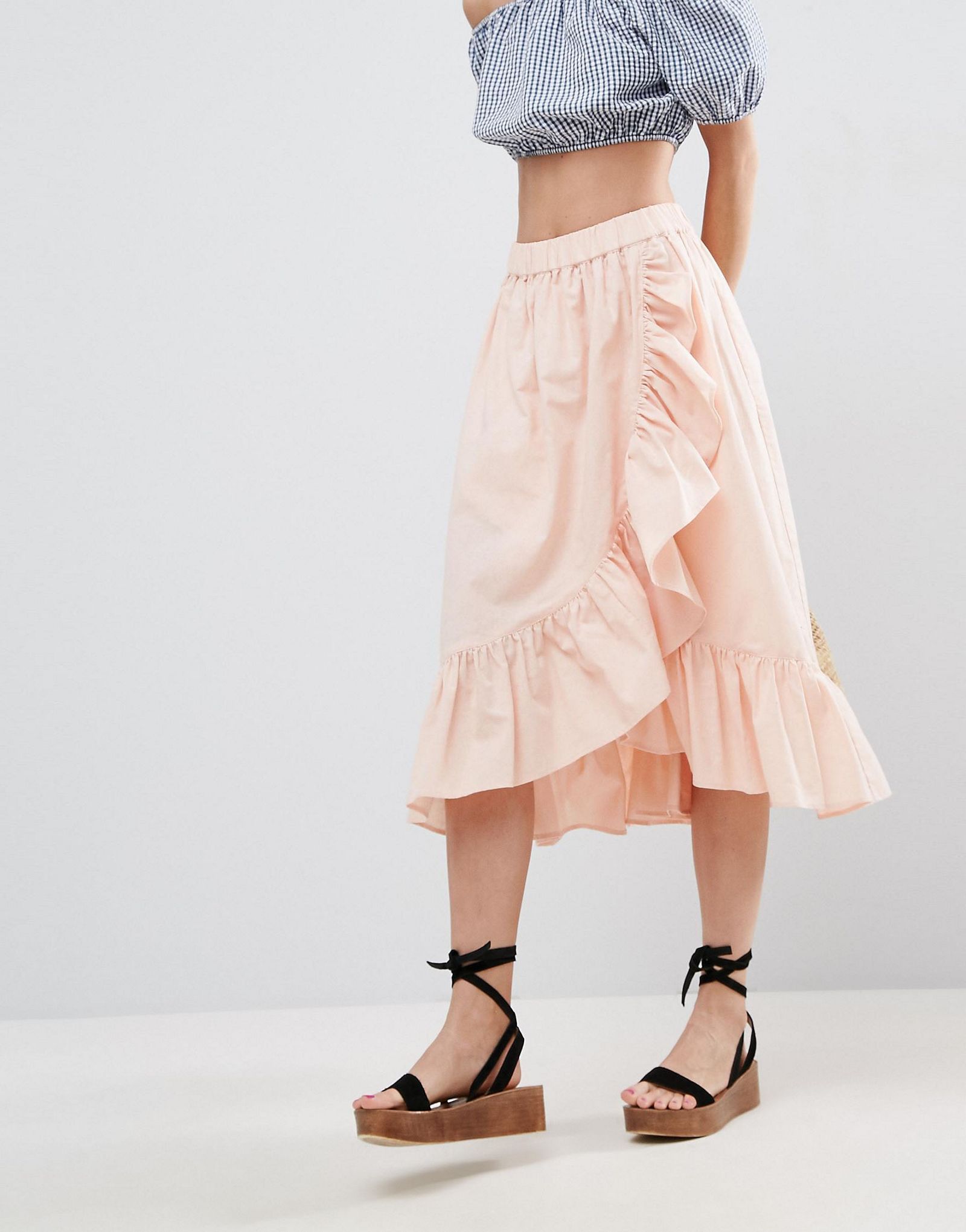 ASOS Wrap Midi Skirt in Cotton with Ruffle Hem
