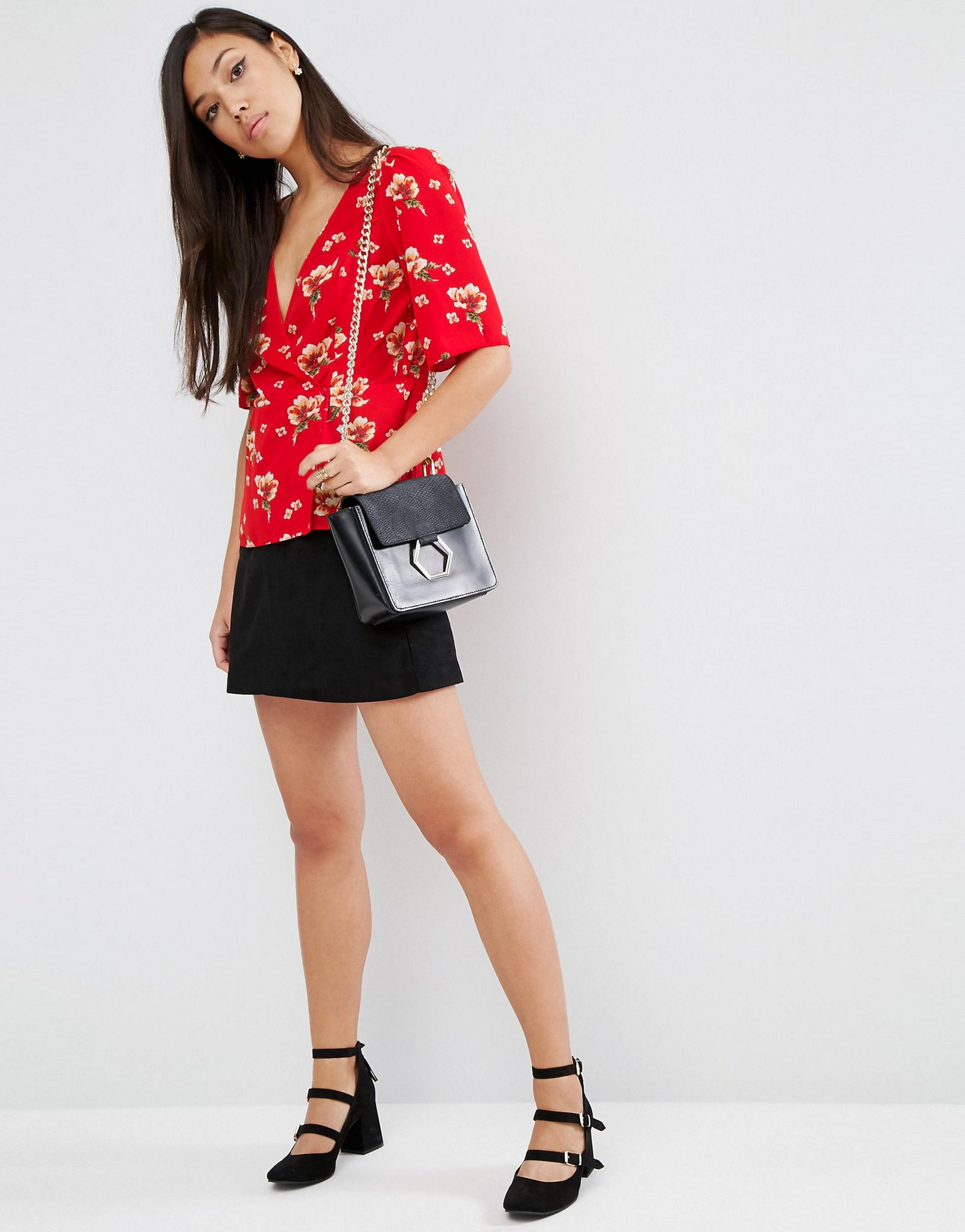ASOS Wrap Tea Blouse in Red Floral Print
