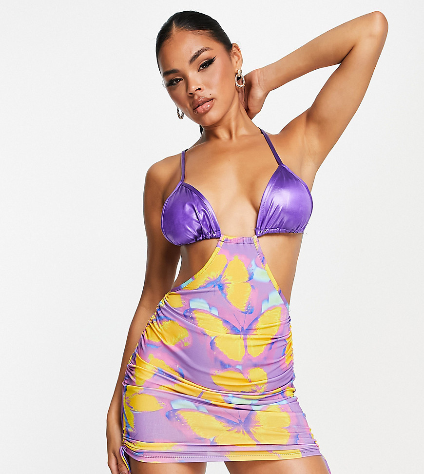 ASYOU foil bralet with cut out mini dress in butterfly print-Multi