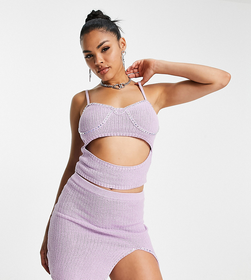 ASYOU knitted mini skirt co-ord with diamante hem in lilac-Purple