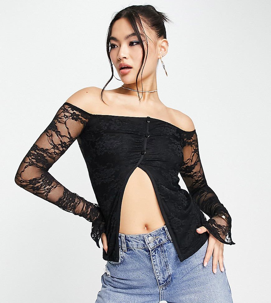 ASYOU lace bardot split front top in black