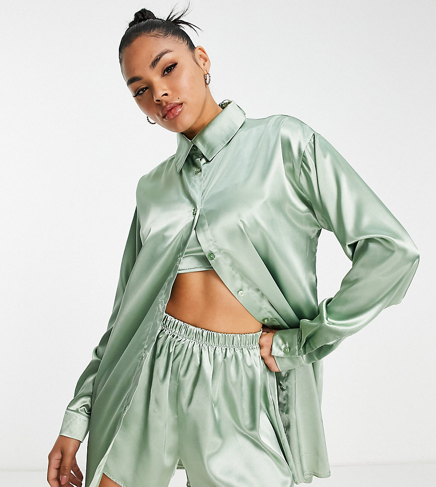 ASYOU mix and match oversized satin shirt co-ord in sage green