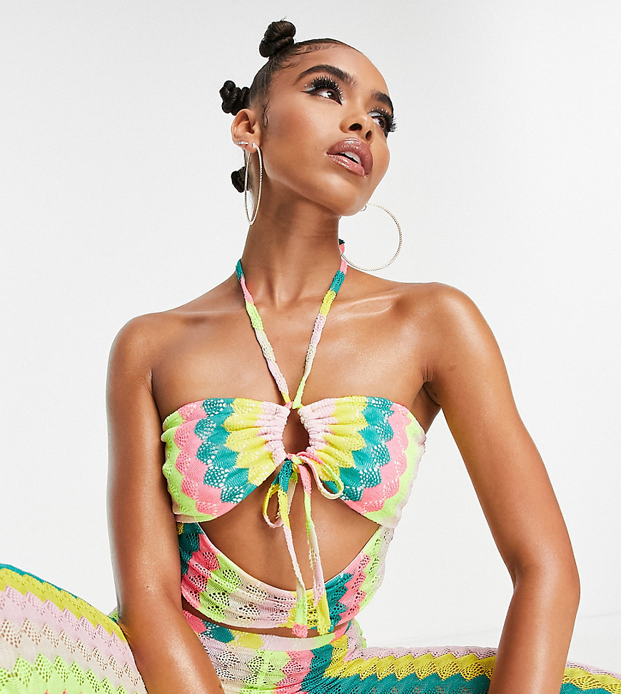 ASYOU ruched halter neck cut out stripe crochet cami top co-ord in multi
