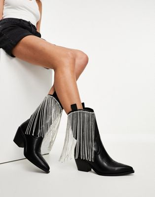Alexandrite embellished fringe western boot in black