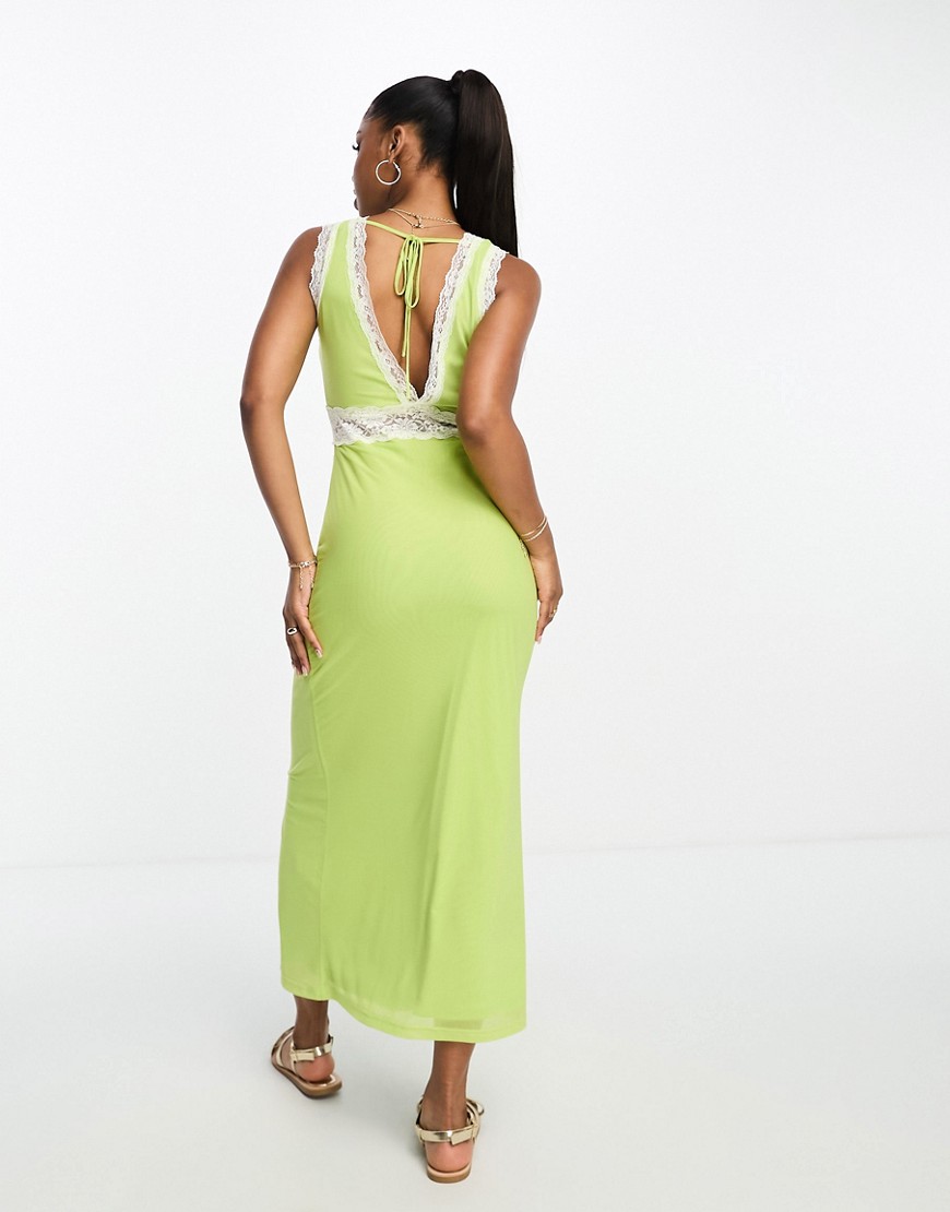 Bailey Rose 90s midi dress in lime with lace trim-Green