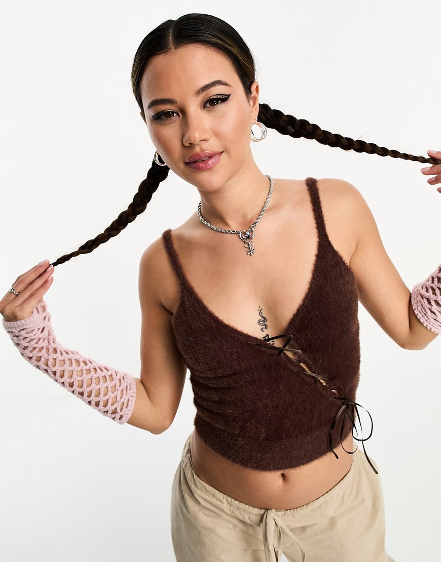Basic Pleasure Mode fluffy cami with suedette ties in chocolate-Brown