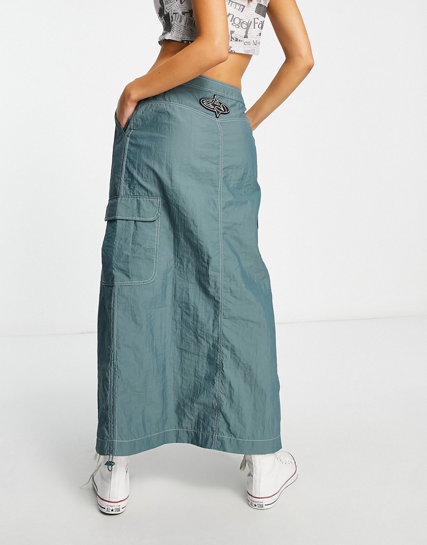 Basic Pleasure Mode ruche side cargo maxi skirt in petrol blue