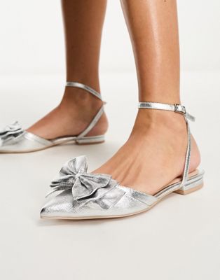 Bridal Milli flat shoes with bow in metallic silver