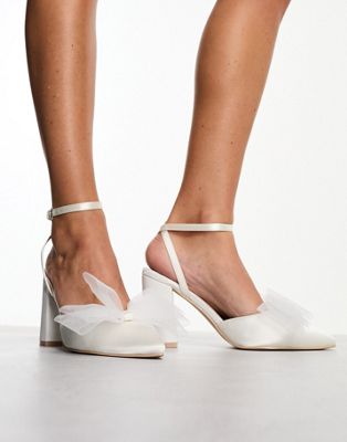 Bridal Mishha tulle bow block heeled shoes in ivory