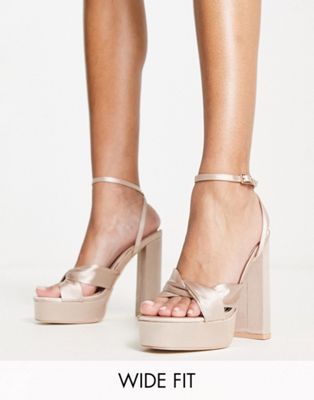 Be Mine Wide Fit Margot platform heeled sandals in blush satin-Pink