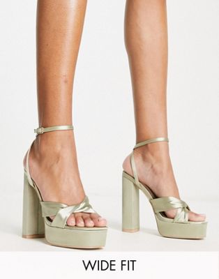 Be Mine Wide Fit Margot platform heeled sandals in sage satin-Green