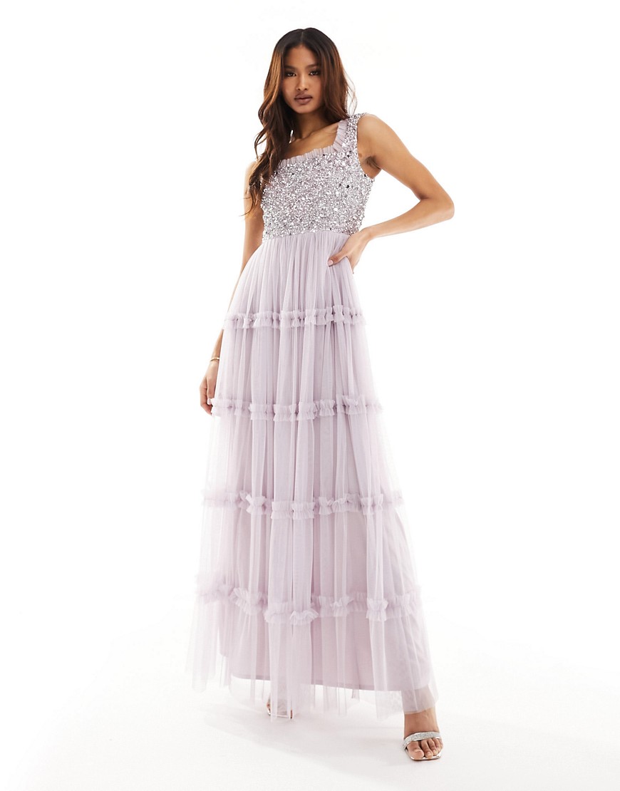 Beaaut Bridesmaid embellished maxi square neck dress with ruffle skirt in lilac-Purple