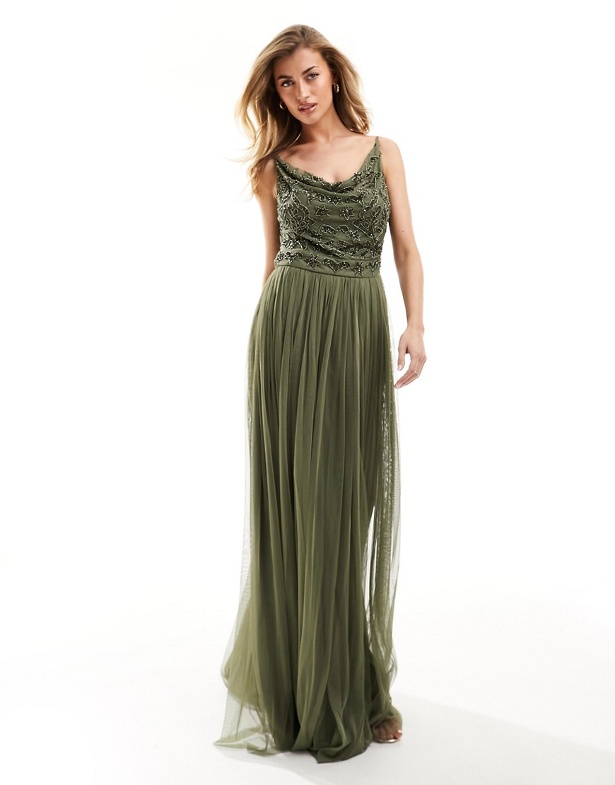 Beauut Bridesmaid embellished cowl neck maxi dress in khaki-Green