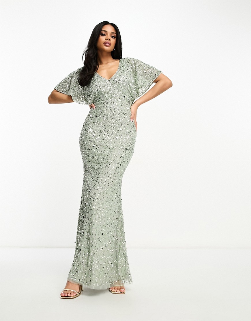 Beauut Bridesmaid embellished maxi dress with flutter sleeve in sage green