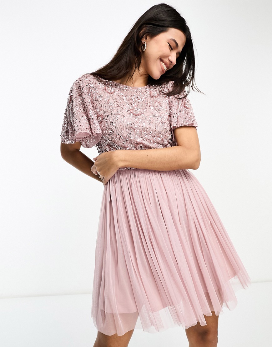 Beauut Bridesmaid embellished mini dress with open back detail in frosted pink