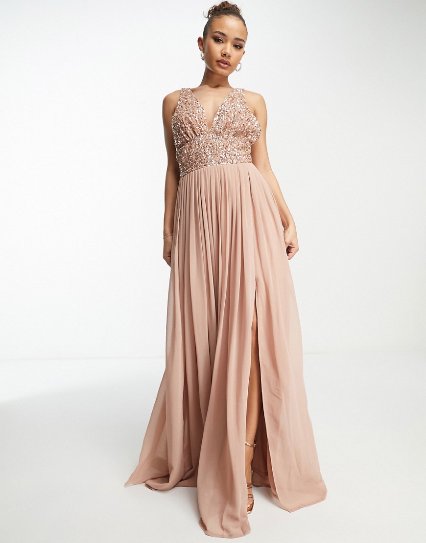 Beauut Bridesmaid embellished v-neck maxi dress in taupe-Neutral