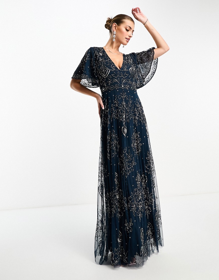 Beauut embellished maxi dress with flutter sleeve and keyhole back in navy
