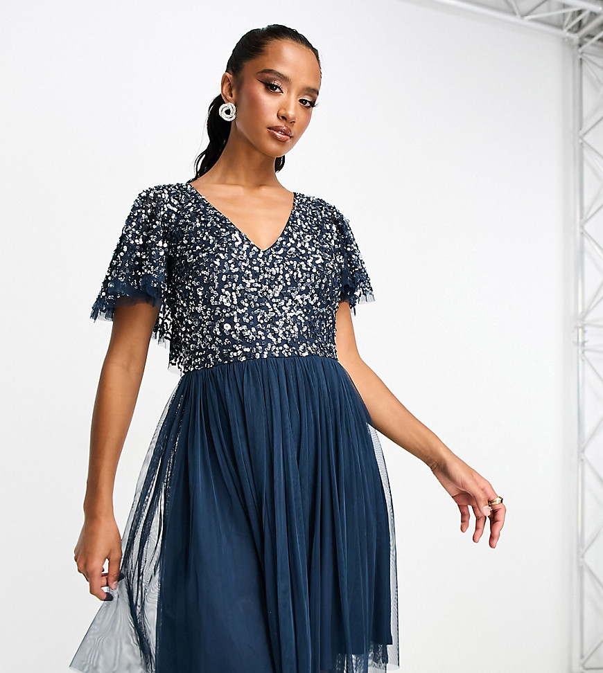 Beauut Petite Bridesmaid embellished mini dress with flutter detail in navy