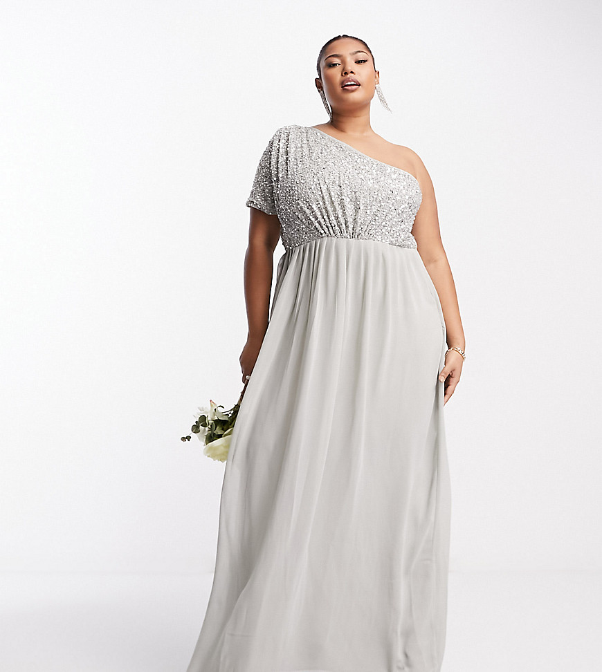 Beauut Plus Bridesmaid embellished bodice one shoulder maxi dress in grey