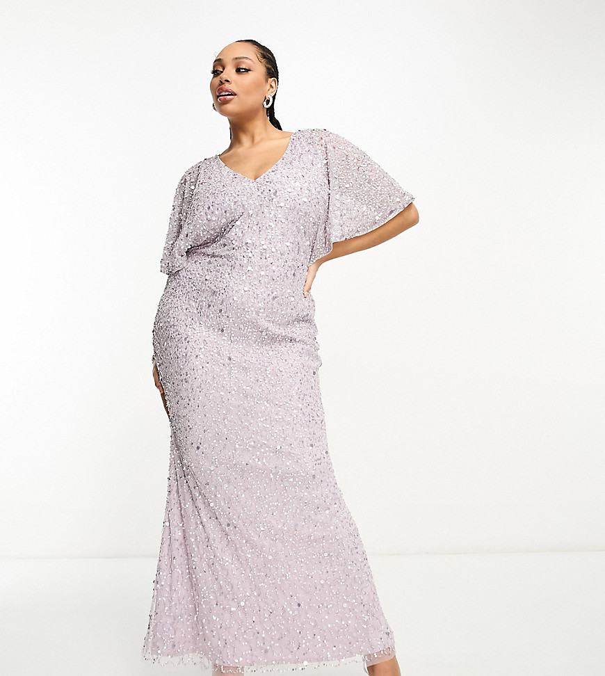 Beauut Plus Bridesmaid embellished maxi dress with flutter sleeve in lilac-Purple