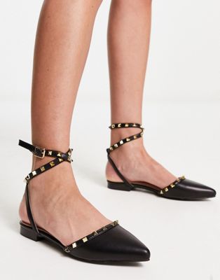 laurena studded wrap around ankle flat shoes in black