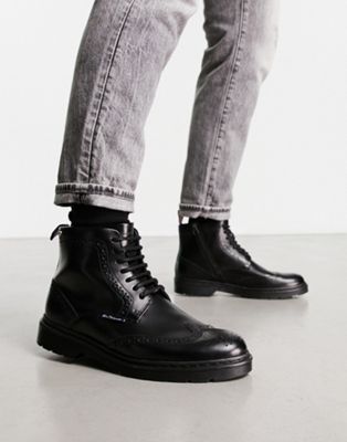leather chunky brogue boots in black