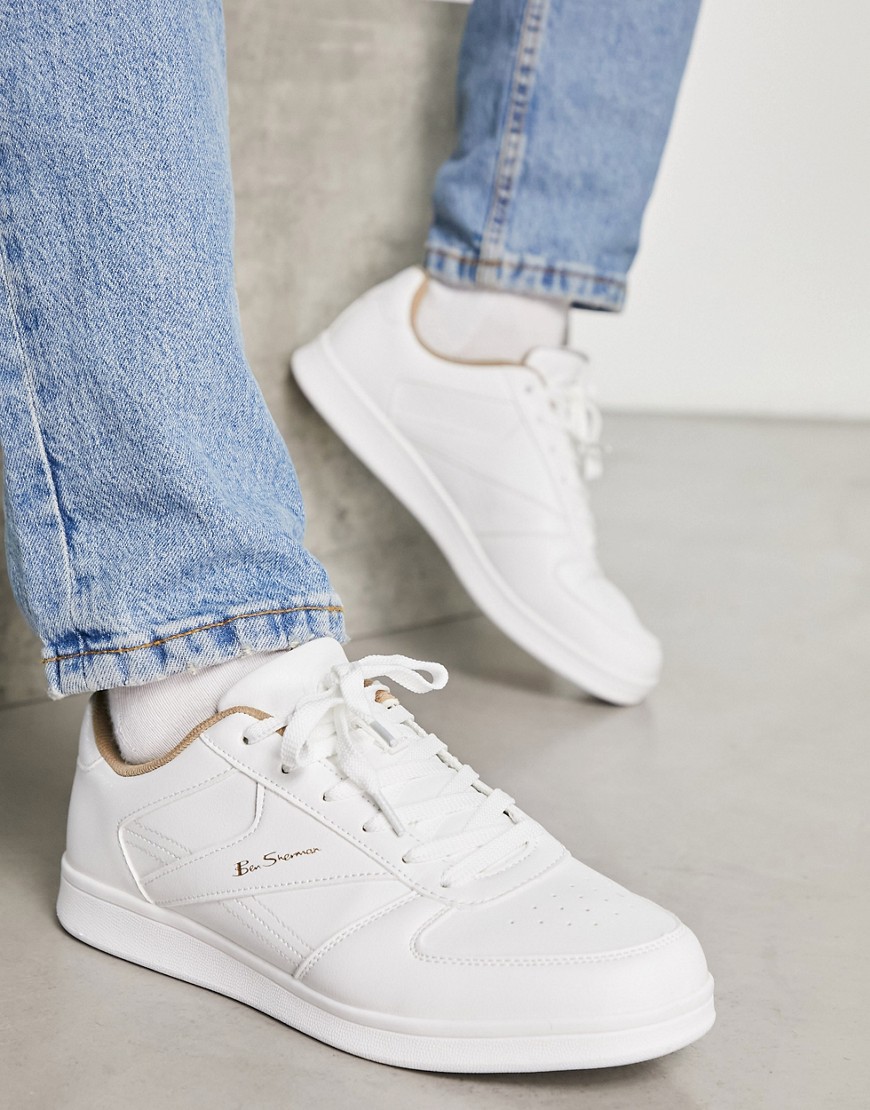 Ben Sherman minimal lace up trainers in white with gold lining