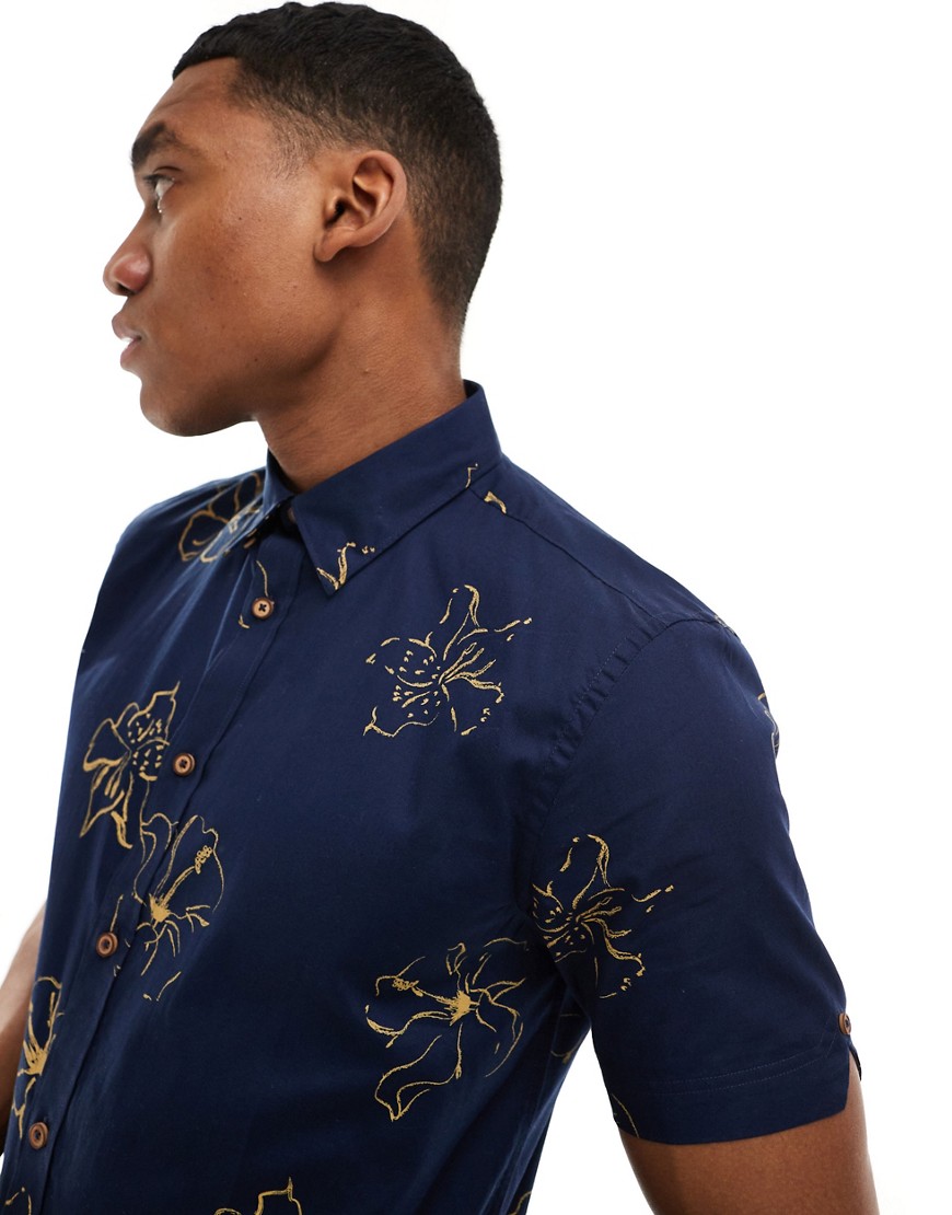 Ben Sherman short sleeve linear floral print shirt in dark blue-Navy
