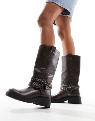 buckle detail calf length boots in brown