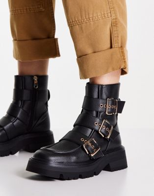 chunky boot with square toe and buckle detail in black