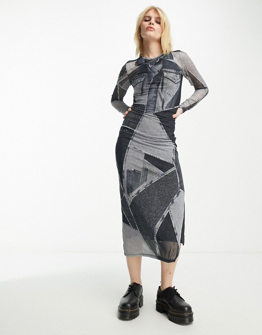Bershka denim patchwork mesh midaxi dress in dark grey