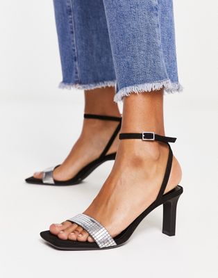 metallic strap heel sandal in black