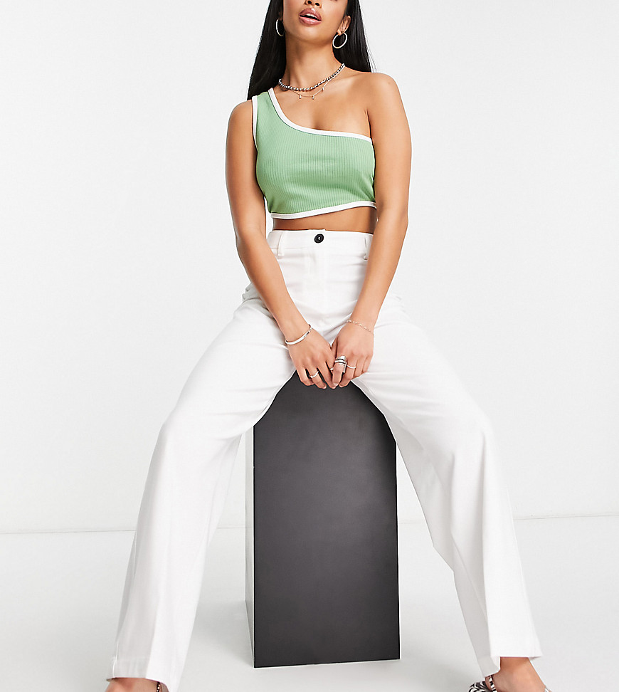 Bershka Petite wide leg slouchy dad tailored trousers in off white