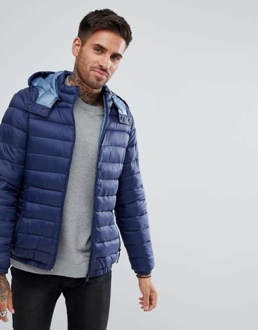 Bershka Bershka Quilted Jacket With Detachable Hood In Navy