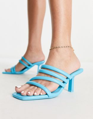 strap detail heeled mules in bright blue