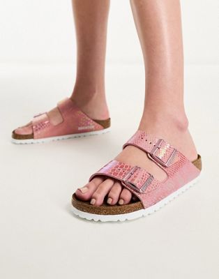 Arizona vegan sandals in pink snake print