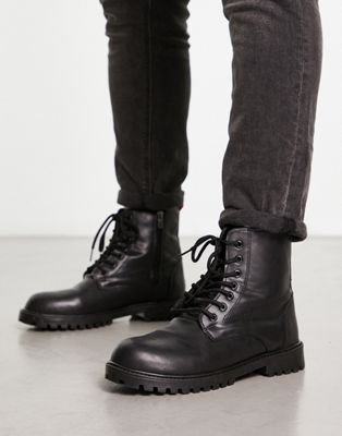 minimal lace up boots in black faux leather