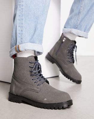 minimal lace up boots in grey faux leather