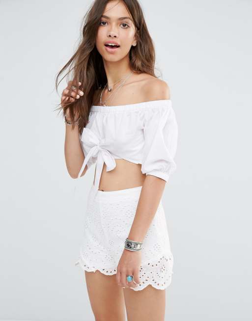 Boohoo Boohoo Tie Front Off The Shoulder Crop Top