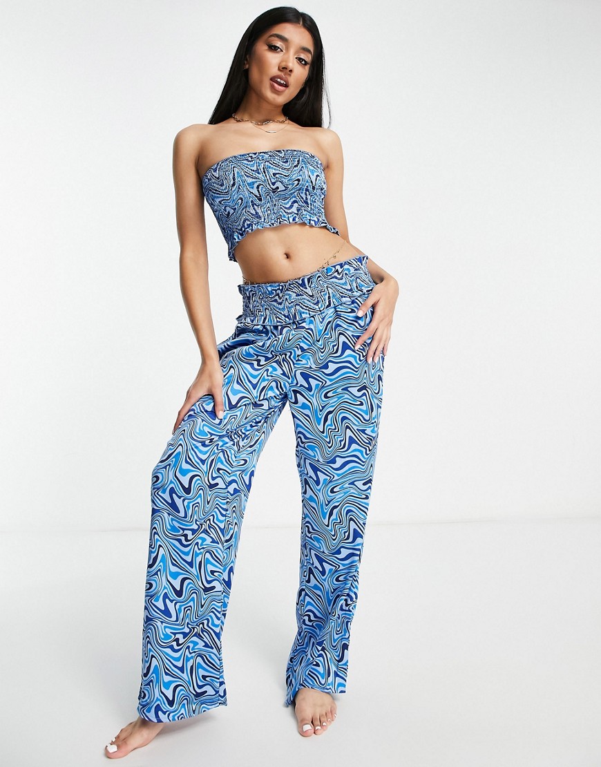 Brave Soul bandeau and wide leg trouser beach co-ord in blue swirl print