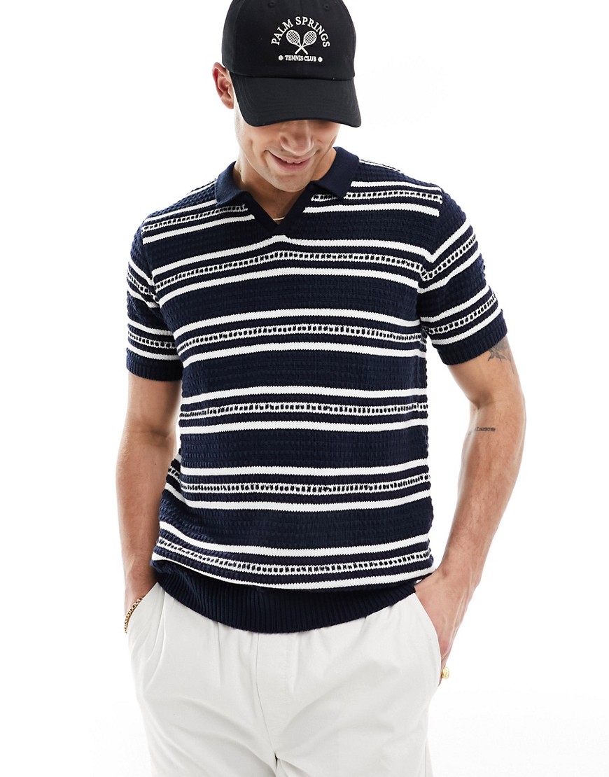 Brave Soul heavyweight textured knit trophy neck polo in navy stripe