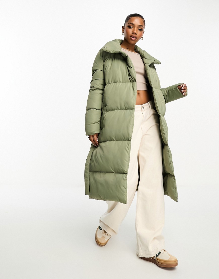 Brave Soul maxi padded belted jacket in khaki-Green