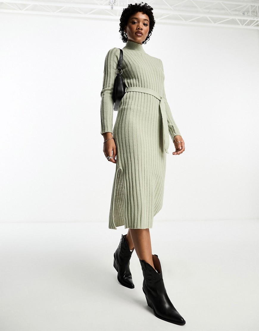 Brave Soul murphy long sleeve ribbed midi belted midi dress in sage-Green
